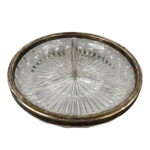 Vintage Divided Glass Relish Dish Silver Rim Starburst 3 Section Serving Tray